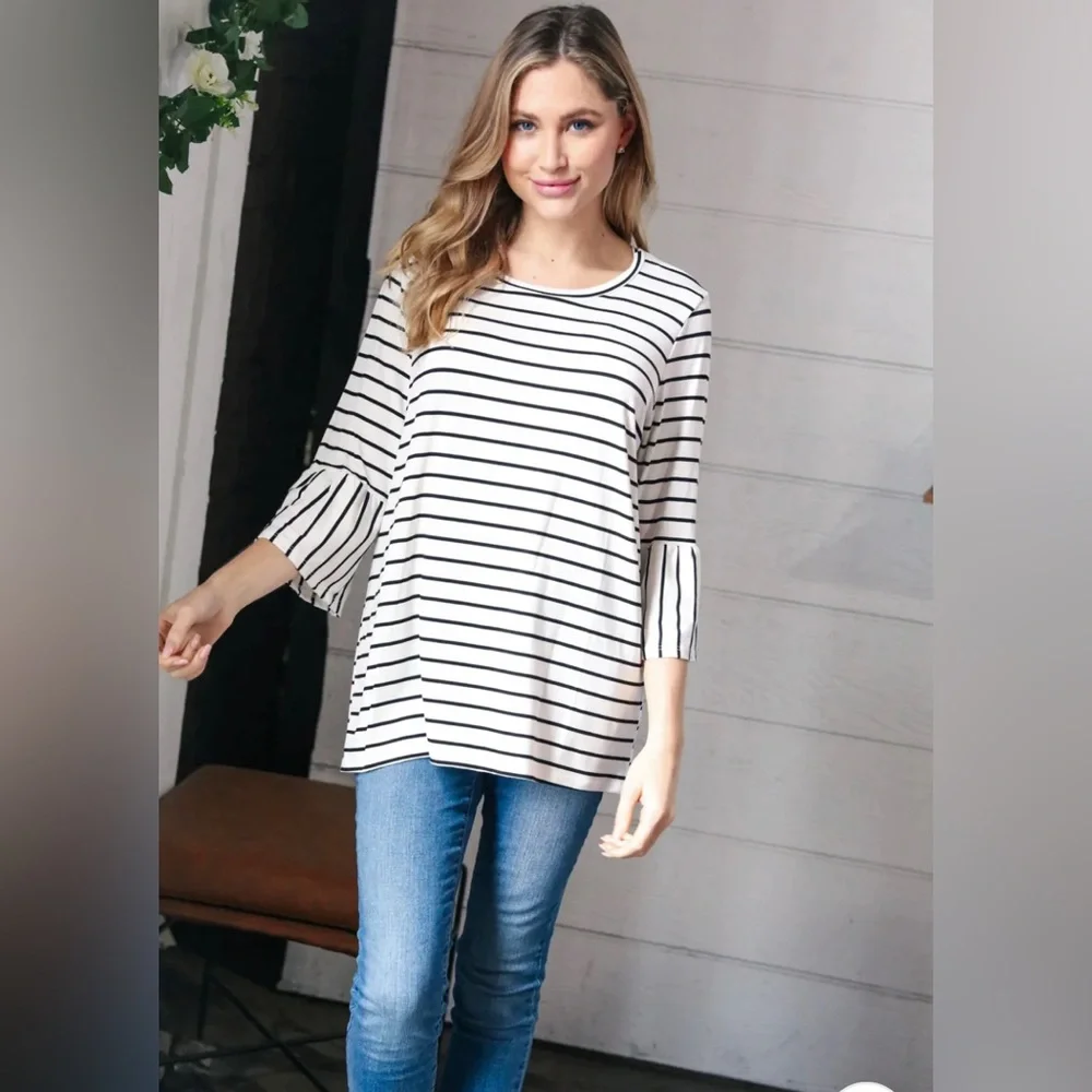 PLUS Ivory Black Neck Yarn Dye Stripe Elbow Bell Sleeve Top - Picture 7 of 7